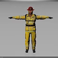 Firefighter In Yellow Firefighting Uniform With Red Helmet And Protective Gear