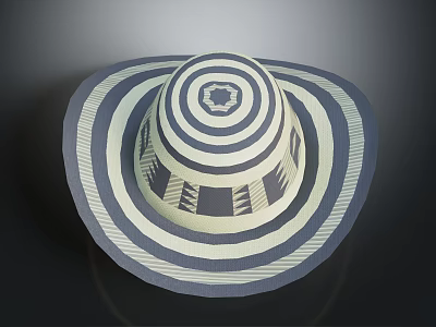 Blue And White Striped Straw Hat With Wide Brim And Geometric Patterns 3d model
