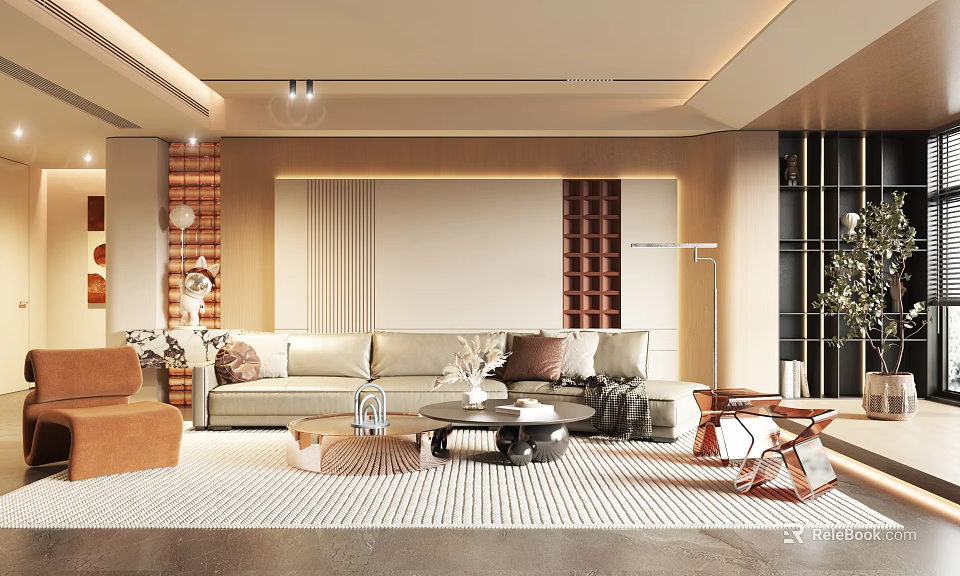 Modern Elegant Living Room Interior With Sofa Coffee Table Area Rug And Decorative Wall 3d model 
