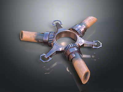 Mechanical Multi Arm Weapon With Metal Structure Wooden Handles And Gear Components Design 3d model