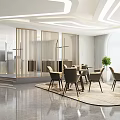 Modern Office Reception Desk Design With White Countertop Wooden Backdrop Green Plant And Marble Floor