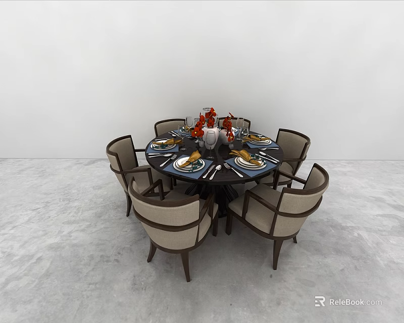 Modern Round Dining Table Set With Six Chairs Tableware And Red Flower Vase 3d model