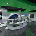 Modern Control Room With Large Curved Display Screen Showing Data Wave Patterns And Control Console