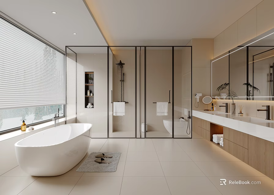 Modern Bathroom With Freestanding Bathtub Glass Shower Enclosure Marble Countertop Wooden Cabinets Large Window Blinds 3d model 