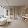 Modern Bathroom With Freestanding Bathtub Glass Shower Enclosure Marble Countertop Wooden Cabinets Large Window Blinds