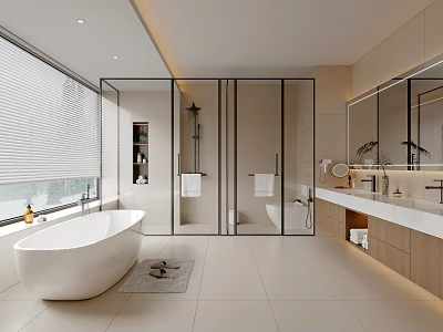 Modern Bathroom With Freestanding Bathtub Glass Shower Enclosure Marble Countertop Wooden Cabinets Large Window Blinds 3d model