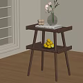 Wooden Two Tier Side Table With Vase Books And Fruits By Window