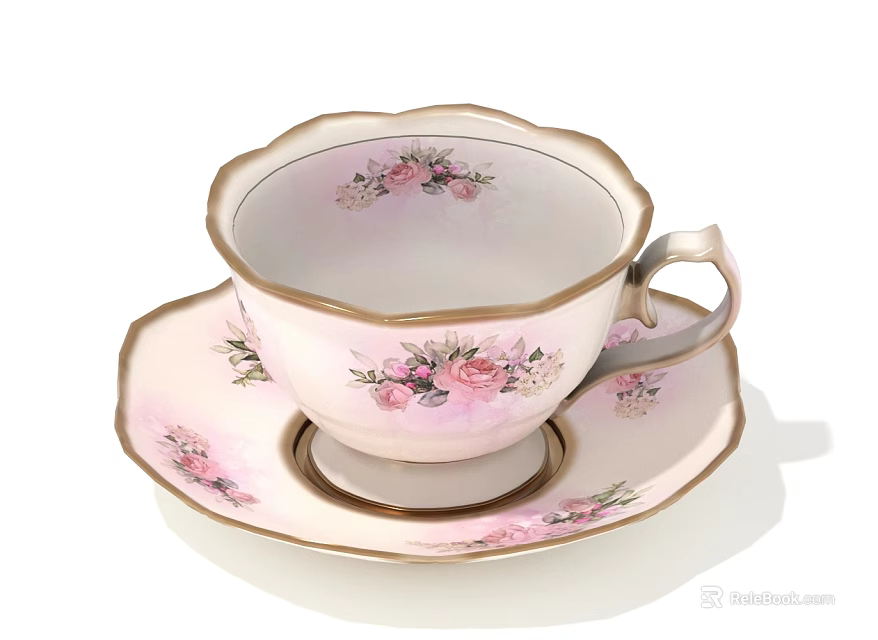Delicate Porcelain Teacup and Saucer Set with Pink Roses Floral Pattern and Gold Rim 3d model 