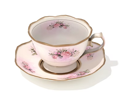 Delicate Porcelain Teacup and Saucer Set with Pink Roses Floral Pattern and Gold Rim 3d model