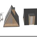 Wooden Houses With Triangular Roofs Large Windows Wooden Siding And Outdoor Umbrella
