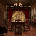 Vintage Classic Dining Room Interior With Wooden Long Table Chairs Chandelier Clock And Wall Lamps