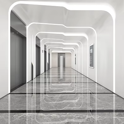 Modern Elevator Hallway Interior Design With White Walls LED Lighting Shiny Floor And Elevator Doors 3d model