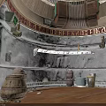 Indoor Dome Structure Interior With Wall Inscriptions Wooden Barrels Bottles And Wooden Floor