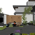 Modern Garden Outdoor Living Area With Wooden Fence TV Seating Purple Flowers And Green Plants