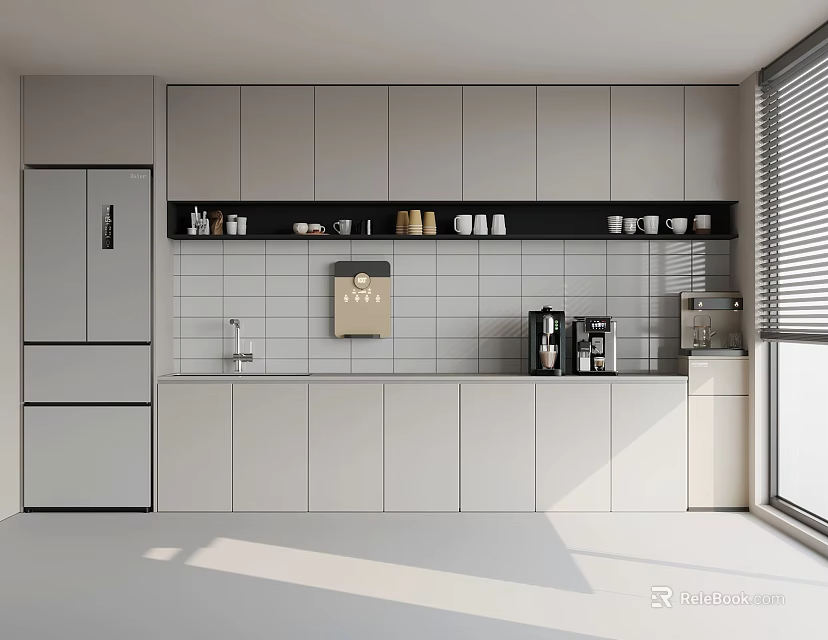 Modern Minimalist Kitchen Interior With Gray Cabinets Refrigerator And Coffee Maker 3d model