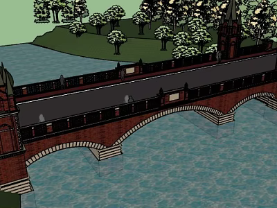 Red Brick Municipal Road Bridge with Arch Design Street Lamps and Railings over River 3d model