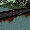 Red Brick Municipal Road Bridge with Arch Design Street Lamps and Railings over River