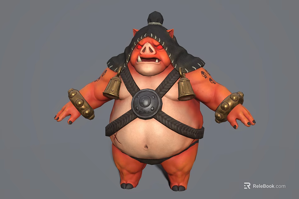 Game Movie Character Pig Like Red Skinned Chubby With Black Helmet Shoulder Bells Chest Ornament 3d model 