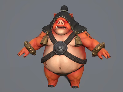 Game Movie Character Pig Like Red Skinned Chubby With Black Helmet Shoulder Bells Chest Ornament 3d model