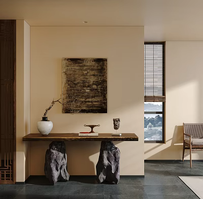 Natural Entryway Interior With Textured Painting Wooden Console Table Stone Legs White Vase And Blinds 3d model