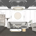 Elegant Living Room Interior Design With White Paneled Walls Crystal Chandelier And Beige Tufted Sofa
