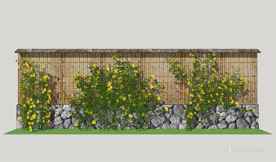 Building Exterior Wall Featuring Bamboo Fence Stone Base And Yellow Climbing Flowers 3d model 