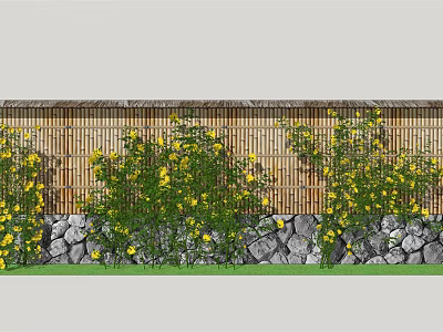 Building Exterior Wall Featuring Bamboo Fence Stone Base And Yellow Climbing Flowers 3d model