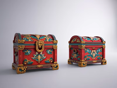 Pair of Red Decorative Chests With Ornate Gold Accents And Intricate Patterns 3d model