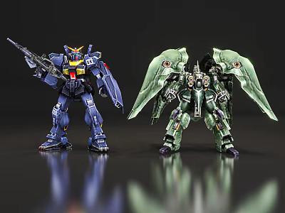 Detailed Robot Action Figures Blue With Gun And Green With Wings 3d model