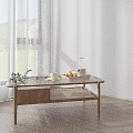 Natural Wooden Coffee Table With Potted Plant Fruits Milk Jar And Cup By Window