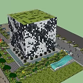 Modern Office Building With Black White Square Facade Green Roof And Landscaping