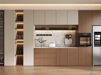 Modern Wine Cabinet Interior Design In Kitchen With Marble Countertop And Wooden Flooring 3d model