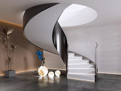 Modern Spiral Staircase In Black White With Sphere Lamps And Plant 3d model