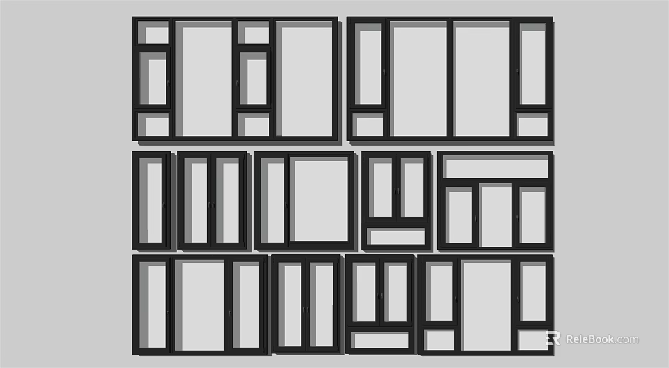 Various Black And White Window Frame Designs With Rectangular Architectural Patterns 3d model
