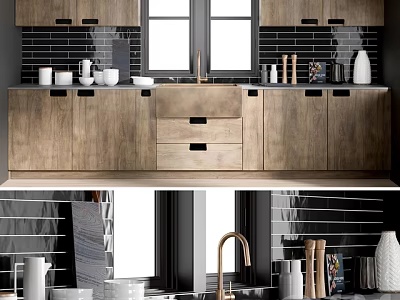 Modern Kitchen Interior With Wooden Cabinets Black Tile Backsplash Sink Faucet And Window 3d model