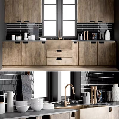 Modern Kitchen Interior With Wooden Cabinets Black Tile Backsplash Sink Faucet And Window 3d model
