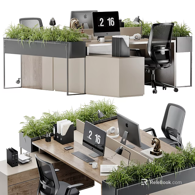 Modern Office Desk Workstation With Green Plants Computer Monitors And Storage Cabinets 3d model 