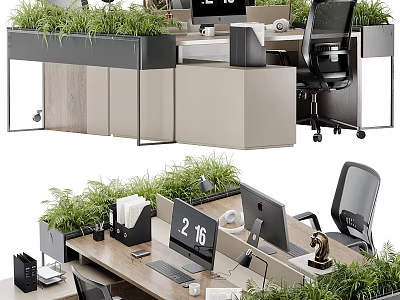Modern Office Desk Workstation With Green Plants Computer Monitors And Storage Cabinets 3d model