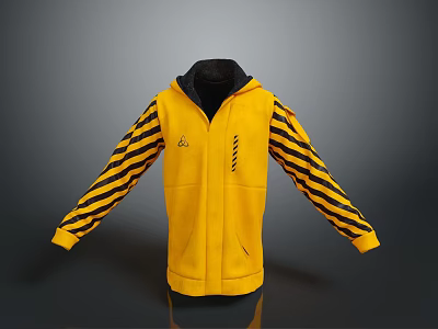 Stylish Yellow Hooded Vest With Black Striped Sleeves And Front Zipper Design 3d model