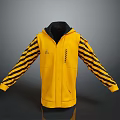Stylish Yellow Hooded Vest With Black Striped Sleeves And Front Zipper Design