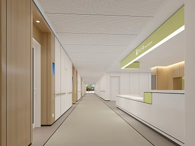 Modern Hospital Clinic Interior With Corridor Wooden Walls White Ceiling Green Sign And Reception Desk 3d model