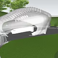 Modern White Pergola in Garden with People Enjoying Lush Greenery and Colorful Flowers