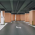 Spacious Indoor Parking Lot With Brown Walls Ceiling Lights Exit Sign And Yellow Floor Lines