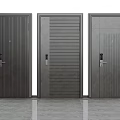 Three Modern Security Doors With Vertical Striped Metal Surface And Handle Lock System 3d model