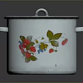Vintage Enamel Pot With Lid Floral And Berry Patterns White Body Black Rim
