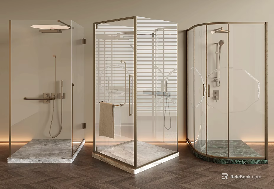 Modern Shower Head Features in Glass Enclosures with Marble Bases and Sleek Design 3d model 