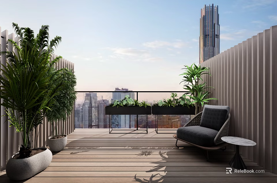 Modern Rooftop Terrace With Wooden Deck Green Plants And City View 3d model 
