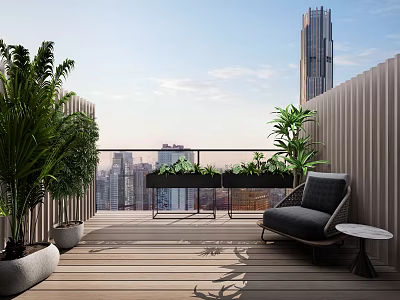 Modern Rooftop Terrace With Wooden Deck Green Plants And City View 3d model