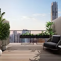 Modern Rooftop Terrace With Wooden Deck Green Plants And City View