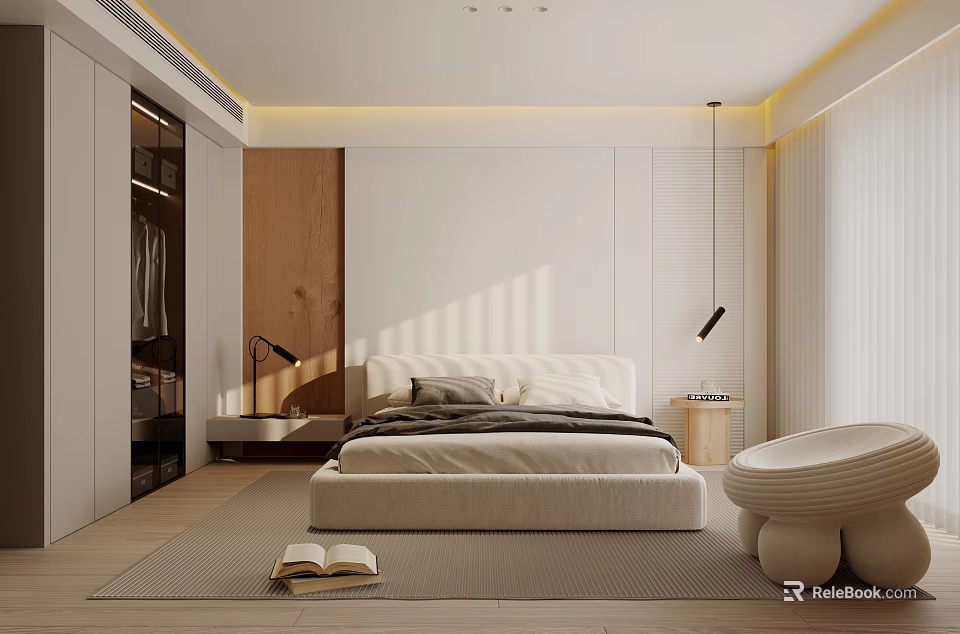 Modern Bedroom Interior Design With Minimalist Bed Wooden Wardrobe And Pendant Light 3d model 